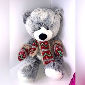 Hugfun International 17" Gray and White Teddy Bear Plush w/ Winter Scarf Mittens